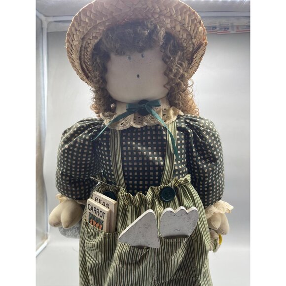 vintage doll country plaid stray hat flowers apron green striped stand 22" READ - Picture 4 of 9